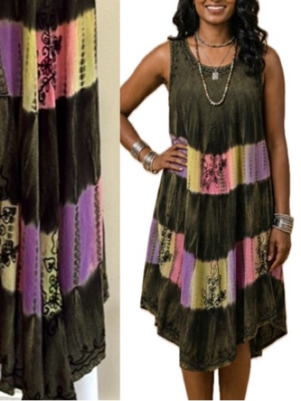 Fashion Force Embroidered Tie Dye Midi Tank Dress Free Size Rainbow Stripe Y2K